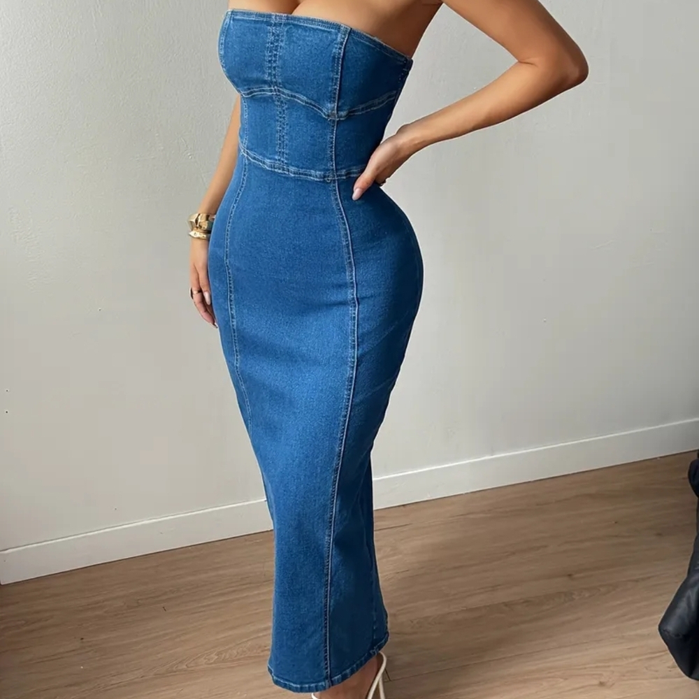 Strapless Denim Maxi Dress ✨ Bodycon Blue Jean Dress | Small - Picture 3 of 16
